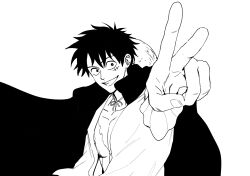 1boy coat coat_on_shoulders collarbone greyscale grin hat hat_on_back highres looking_at_viewer male_focus monkey_d._luffy monochrome nok_(nok_1) one_piece outstretched_arm scar scar_on_cheek scar_on_chest scar_on_face short_hair smile solo straw_hat upper_body v 