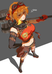  1girl absurdres barong_jewelry belt black_boots black_shorts blonde_hair boots brown_belt chest_belt closed_mouth colored_shoe_soles crop_top cropped_sweater double-parted_bangs earrings english_commentary fiyaa_(pakkoshii) full_body gloves goggles goggles_on_head hairband hammer highres holding holding_hammer hololive hololive_indonesia hood hooded_coat jewelry kaela_kovalskia kaela_kovalskia_(4th_costume) knee_boots lace-up_boots looking_at_viewer mallet medium_hair midriff navel o-ring o-ring_thigh_strap open_clothes over_shoulder pouch red-tinted_eyewear red_background red_eyes red_gloves red_hairband red_sweater ribbed_sweater ring short_shorts shorts simple_background single_earring single_glove single_sidelock sleeveless sleeveless_sweater sleeves_past_wrists smile solo straight-on sweater swept_bangs tachi-e thigh_pouch thigh_strap thighlet tinted_eyewear transparent_background underbust virtual_youtuber 