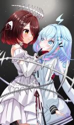  2girls :3 ahoge animal_hood black_background blue_bow blue_eyes blue_hair blunt_bangs bone_halo bound_together bow brown_hair chain chained closed_mouth commentary_request detached_sleeves drawstring dress facing_another fish_skeleton_hair_ornament from_side gradient_background gradient_hair hair_bow hair_ornament hairclip hand_on_another's_chin highres hololive hololive_dev_is hood hood_down hooded_jacket hug jacket juliet_sleeves lightning_ahoge long_dress long_sleeves looking_at_another mechanical_hands mechanical_legs mizumiya_su mizumiya_su_(1st_costume) multicolored_hair multiple_girls official_alternate_costume official_alternate_hairstyle parallel_hairclips pink_streaks pom_pom_(clothes) puffy_sleeves rabbit_hood raised_inner_eyebrows red_hair roboco-san roboco-san_(13th_costume) short_hair streaked_hair suzuutsusu swept_bangs two-tone_hair virtual_youtuber wavy_mouth white_dress white_jacket x_hair_ornament yellow_eyes yuri 