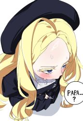  1girl absurdres astrae_oratio azuisei black_dress black_hat blonde_hair blue_eyes blush dress english_text forehead from_above hat highres holding holding_wand long_hair solo speech_bubble thick_eyelashes wand white_background yanagihara_luise 