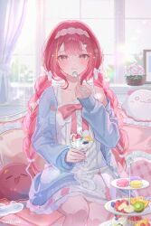  1girl akane_lize apple apple_slice blue_cardigan blueberry blush bow cardigan closed_mouth commentary_request dress eating food fruit grey_eyes hair_bow hair_ribbon highres hitohachan holding holding_spoon ice_cream indoors kiwi_(fruit) kiwi_slice long_hair looking_at_viewer lying mask on_back open_cardigan open_clothes orange_(fruit) orange_slice pienna_(akane_lize) raised_inner_eyebrows red_hair ribbon single_off_shoulder sitting sleep_mask sleeveless sleeveless_dress smile solo sparkle sparkling_eyes spoon stellive straight-on strawberry strawberry_slice sweets tiered_tray twintails unworn_mask very_long_hair virtual_youtuber white_bow white_dress white_ribbon window 