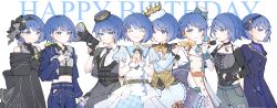  6+girls absurdres ano_hi_no_yume_no_kanata_mukou_e_(project_sekai) arm_at_side belt black_belt black_choker black_dress black_gloves black_hairband black_leotard black_necktie blue_dress blue_eyes blue_hair blue_jacket blue_pants bow_hairband braid braided_bun buttons chinese_commentary choker closed_mouth clothing_cutout clover_brooch clover_hair_ornament collared_shirt commentary_request corded_phone cropped_jacket crown double-breasted dress fingerless_gloves firmianapenguin floral_print floral_print_shirt ganbaru_anata_ni_break_time!_(project_sekai) gloves grey_jacket grey_leotard grey_shirt hair_behind_ear hair_bun hair_ornament hairband hand_on_another's_shoulder hand_on_own_chest hand_up happy_birthday hat highres hip_vent holding holding_megaphone holding_microphone holding_phone idol idol_clothes jacket kiritani_haruka kono_monogatari_wa_kibou_wo_nosete_(project_sekai) lapels lead_to_shine_more_(project_sekai) leap_beyond_the_limits!_(project_sekai) leotard long_sleeves megaphone microphone midriff mini_hat multicolored_leotard multiple_girls multiple_persona necktie notched_lapels off-shoulder_dress off_shoulder official_alternate_costume official_alternate_hairstyle open_clothes open_jacket open_mouth pants phone print_shirt project_sekai rise_and_strive_(project_sekai) shirt short_hair short_sleeves shoulder_cutout simple_background smile striped_clothes striped_necktie swept_bangs three-quarter_sleeves tsunagu_painful_hope_(project_sekai) two-tone_leotard white_background white_jacket white_shirt white_wrist_cuffs wing_hair_ornament wrist_cuffs zipper 