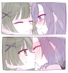  2girls bang_dream! bang_dream!_yumemita blush bob_cut commentary_request eye_contact face-to-face fuji_miyako fuji_miyako_(real) green_hair hair_ornament hand_on_another's_face highres imminent_kiss kiss long_hair looking_at_another multiple_girls ningen_aku purple_hair viola_(bang_dream!) violet_eyes x_hair_ornament yuri 