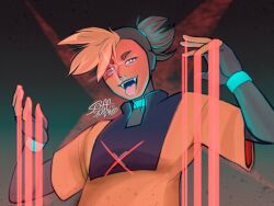  1boy absurdres black_gloves blonde_hair bracelet cal_(electro_andes) commentary electro_andes fangs fingerless_gloves gloves highres jewelry multicolored_hair open_mouth shirt soffsketches solo teeth tongue tongue_out two-tone_hair yellow_shirt 
