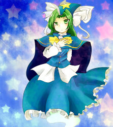  1girl akyuu's_untouched_score blue_cape blue_capelet blue_dress blue_hat blue_skirt bow bowtie buttons cape capelet commentary_request dress ghost ghost_tail green_eyes green_hair hand_on_own_back hand_on_own_chest hat long_hair looking_at_viewer mima_(touhou) skirt solo star_(symbol) star_print touhou touhou_(pc-98) trutsmn white_dress wizard_hat yellow_bow yellow_bowtie 