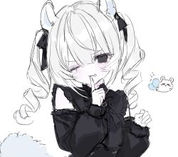  1girl 1other :3 :p afterimage animal_ears black_bow black_eyes black_shirt blush blush_stickers bow chest_bow chibikemo chiikawa closed_mouth collar collared_shirt colored_skin commentary curled_fingers detached_sleeves dot_nose double-parted_bangs drill_hair eyelashes finger_to_mouth flying_squirrel frilled_collar frills genderswap genderswap_(otf) hair_between_eyes hair_ornament hair_tie head_tilt highres humanization humanoid_and_humanization kitty_17a korean_commentary looking_at_viewer lying medium_hair momonga_(chiikawa) motion_lines on_side one_eye_closed shirt shushing simple_background smile squirrel squirrel_ears squirrel_girl squirrel_tail tail tail_wagging tongue tongue_out twin_drills upper_body v-shaped_eyebrows whiskers white_background white_hair white_skin 