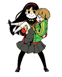  2girls :> amagi_yukiko black_eyes black_hair black_pantyhose black_sailor_collar brown_hair brown_shoes carrying carrying_person chanosuke commentary_request deformed green_jacket hairband houndstooth jacket long_hair long_sleeves multiple_girls neckerchief open_mouth pantyhose persona persona_4 princess_carry red_hairband sailor_collar satonaka_chie school_uniform shoes short_hair simple_background skirt socks track_jacket white_socks yasogami_school_uniform yellow_neckerchief 