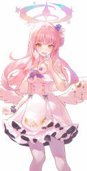  1girl absurdres blue_archive breasts commentary_request dress gradient_halo halo highres kanata1810 long_hair looking_at_viewer medium_breasts mika_(blue_archive) multicolored_halo pantyhose pink_hair smile solo very_long_hair white_dress white_pantyhose white_wings wings yellow_eyes 