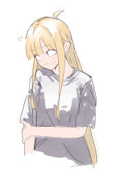  1girl :3 ahoge black_shirt blonde_hair blush brown_eyes cho_kaguya-hime! hand_on_own_arm highres kaguya_(cho_kaguya-hime!) long_hair nervous_sweating shirt sidelocks simple_background solo sweat tt_(mmk_lr) upper_body white_background 