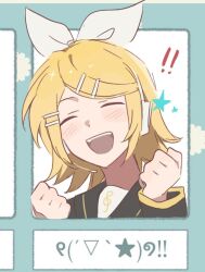  ! !! 1girl :d black_sailor_collar black_sleeves blonde_hair bow clenched_hands closed_eyes facing_viewer hair_bow hair_ornament hairclip headphones headset kagamine_rin lutra11_11 open_mouth parallel_hairclips portrait sailor_collar short_hair smile star_(symbol) treble_clef vocaloid white_bow yellow_trim 