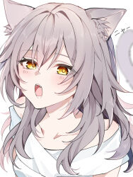  1girl animal_ear_fluff animal_ears cat_ears cat_girl cat_tail commentary_request fangs grey_hair highres honkai:_star_rail honkai_(series) kemonomimi_mode long_hair looking_at_viewer nononono_bouzu open_mouth portrait shirt simple_background solo stelle_(honkai:_star_rail) tail trailblazer_(honkai:_star_rail) white_background white_shirt yellow_eyes 