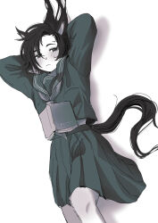  1girl absurdres air_shakur_(umamusume) animal_ears arms_behind_head arms_up blush book closed_mouth commentary_request eyebrow_piercing face_piercing feet_out_of_frame highres horse_ears horse_girl horse_tail long_hair lying midriff_peek monochrome on_back open_book piercing pleated_skirt sailor_collar samedonburi school_uniform serafuku shirt simple_background skirt solo tail umamusume white_background 