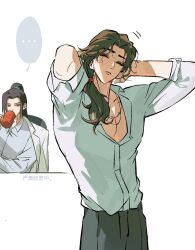 ... 2boys adjusting_hair all_wishes_come_true! alternate_costume alternate_hairstyle arms_behind_head arms_up black_hair black_pants brown_eyes brown_hair chinese_text closed_eyes closed_mouth coat coat_on_shoulders collared_shirt contemporary cowboy_shot cup drinking goupai_dashi grey_shirt high_ponytail highres holding holding_cup implied_yaoi jewelry long_hair long_sleeves looking_at_another low_ponytail lu_dongbin_(all_wishes_come_true!) male_focus multiple_boys necklace open_collar pants pectoral_cleavage pectorals ponytail shirt simple_background sitting sleeves_rolled_up speech_bubble spoken_ellipsis standing upper_body white_background white_coat white_shirt zhongli_quan_(all_wishes_come_true!) 
