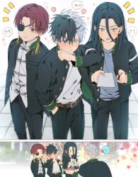  4boys absurdres aged_down belt black_hair blue_eyes blush candy chinese_clothes commentary_request earrings embarrassed eyepatch food furin_high_school_uniform giving hair_between_eyes hand_in_pocket happy heart highres holding holding_candy holding_food holding_lollipop holding_paper jewelry korean_commentary lollipop long_hair male_focus multiple_boys notice_lines pants paper sakura_haruka_(wind_breaker) school_uniform sugishita_kyoutarou suo_hayato tangzhuang tassel tassel_earrings umemiya_hajime white_hair wind_breaker_(nii_satoru) yellow_eyes yoon_(dmsco1803) 