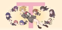  6+girls :< :d aijo_karen banana bell black-framed_eyewear black_hair black_hairband black_pantyhose black_socks blonde_hair blue_eyes blue_hair blunt_bangs bow bowtie brown_eyes brown_hair brown_shoes chibi chinese_commentary closed_eyes closed_mouth collared_shirt commentary_request crossed_arms crown_hair_ornament curtained_hair daiba_nana dot_nose flower_symbol food frog fruit full_body glasses gradient_background green_eyes green_ribbon grey_eyes grey_jacket grey_skirt hair_bell hair_between_eyes hair_ornament hair_ribbon hairband hanayagi_kaoruko hand_fan hand_up hands_up highres holding holding_fan hoshimi_junna isurugi_futaba jacket kagura_hikari kanihaniwa loafers long_hair long_sleeves looking_at_another looking_to_the_side looking_up low_side_ponytail medium_hair mr._white_(revue_starlight) multiple_girls open_clothes open_jacket open_mouth pantyhose pink_hair pleated_skirt procreate_(medium) purple_hair purple_ribbon radial_gradient_background red_bow red_bowtie ribbon saijo_claudine school_uniform seisho_music_academy_school_uniform shirt shirt_tucked_in shoes short_hair shoujo_kageki_revue_starlight side_ponytail sidelocks skirt smile socks sparkle_hair_ornament spike_(stagecraft) straight_hair stuffed_animal stuffed_cat stuffed_crab stuffed_toy suzudaru_cat teddy_bear tendo_maya troy_teluoyiyi tsuyuzaki_mahiru violet_eyes wavy_hair white_shirt x_hair_ornament yellow_background 