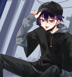  1boy alternate_costume arm_at_side bishounen black_hat black_mask black_pants black_shirt black_sleeves blunt_ends cable casual commentary contemporary cross cross_earrings ear_piercing earrings english_commentary eyelashes fang fingernails genshin_impact gold_necklace grey_hood grey_hoodie grey_sleeves hair_between_eyes hand_up hat hat_tip highres hood hood_down hoodie jewelry layered_sleeves long_sleeves looking_at_viewer male_focus mask mask_around_neck mouth_mask multicolored_hair necklace newsboy_cap open_mouth outdoors overcast pants piercing pink_hair pink_nails purple_hair scaramouche_(genshin_impact) shirt short_over_long_sleeves short_sleeves sitting sky solo streaked_hair t-shirt teeth tongue tongue_out tongue_piercing tsurime upper_teeth_only utility_pole violet_eyes yoontrsh 