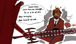  2others black_necktie collared_shirt commentary cosplay cowboy_shot dante_(limbus_company) english_commentary english_text gloves holding holding_sword holding_weapon limbus_company lunacy_(limbus_company) multiple_others necktie one_of_agnes_digital project_moon pwie_(project_moon) red_suit rien_(project_moon) rien_(project_moon)_(cosplay) shirt simple_background sitting suit sword weapon white_background white_gloves white_shirt 