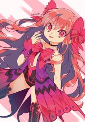  1girl bare_shoulders black_choker black_leotard black_thighhighs bow choker clothing_cutout collarbone dead_apostle_noel_(tsukihime) dress fingernails gradient_clothes gradient_dress hair_between_eyes hair_bow hand_up highres leotard looking_at_viewer mole mole_under_eye noel_(tsukihime) open_clothes open_dress open_mouth pink_bow pink_dress pink_hair pink_trim purple_dress purple_wrist_cuffs red_eyes sharp_fingernails smile solo standing thigh-highs tokuura tsukihime tsukihime_(remake) two-tone_dress vampire wavy_hair wavy_sidelocks wrist_cuffs 