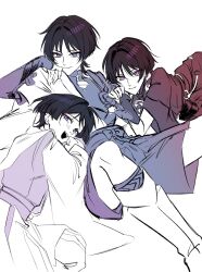  3boys armor bishounen black_hair blunt_ends bow bridal_gauntlets choppy_bangs closed_mouth clothing_cutout eyeliner feathered_wings furisode gem genshin_impact h4re_tltl hair_intakes hand_up highres japanese_armor japanese_clothes kariginu kimono kote kusazuri layered_sleeves leg_warmers looking_at_viewer lying makeup mitsudomoe_(shape) monochrome multiple_boys multiple_persona o-ring on_back on_side on_stomach open_clothes open_kimono open_mouth pants pom_pom_(clothes) red_eyeliner rope scaramouche_(genshin_impact) scaramouche_(harbinger)_(genshin_impact) scaramouche_(kabukimono)_(genshin_impact) short_sleeves shorts side_cape side_cutout smile teeth tomoe_(symbol) tsurime upper_teeth_only violet_eyes vision_(genshin_impact) wanderer_(genshin_impact) white_background wings wolf_cut 