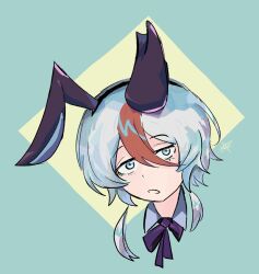  1other alternate_costume animal_ear_headband animal_ears blue_eyes bow collared_shirt commentary cropped_head english_commentary fake_animal_ears hair_between_eyes headband highres la_voile_(shy) looking_at_viewer mars_152 multicolored_hair pale_skin rabbit_ears shirt short_hair shy_(series) white_hair 