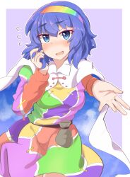 1girl absurdres bag belt black_belt blue_eyes blush border breasts brown_bag cape cloud_print commentary_request cowboy_shot dot_nose dress flying_sweatdrops hair_between_eyes hairband hand_up highres holding_own_hair long_sleeves looking_at_viewer medium_hair multicolored_dress multicolored_hairband open_mouth outline outside_border outstretched_arm patchwork_clothes purple_background purple_hair rainbow_gradient rainbow_hairband schinfaxi1996 simple_background sky_print small_breasts smile solo split_mouth tenkyuu_chimata touhou two-sided_cape two-sided_fabric white_border white_cape white_outline 