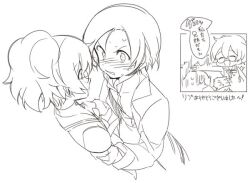  1boy 2girls anpolly blush closed_eyes coat commentary_request from_above glasses hair_between_eyes high_ponytail hitting lapels long_hair looking_at_another medic_(sekaiju) medic_(sekaiju_4) medic_2_(sekaiju) medic_3_(sekaiju_4) multiple_girls open_clothes open_coat open_mouth ponytail sailor_collar sekaiju_no_meikyuu sekaiju_no_meikyuu_4 short_hair smile speech_bubble sweat translation_request v-shaped_eyebrows white_background 