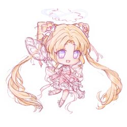  1girl absurdly_long_hair arm_bow arm_warmers back_bow blonde_hair bow bow-shaped_hair bubble_skirt chibi chinese_commentary commentary cone_hair_bun double_bun dreamtime_bestowed_(infinity_nikki) dress dress_bow eyelashes eyes_visible_through_hair floating gradient_eyes hair_bow hair_bun hair_ornament hair_ribbon halo halo_ribbon happy heart heart_hair_ornament highres holding holding_spoon infinity_nikki infinity_symbol large_bow layered_dress leg_ribbon light_blush long_hair multicolored_eyes neck_ribbon nikki_(series) open_mouth oversized_object parted_bangs pink_bow pink_dress pink_eyes pink_halo pink_pupils pink_ribbon ribbon shoes short_dress simple_background skirt sleeveless sleeveless_dress smile solo spoon sprinkles tareme teaspoon twintails two-tone_eyes very_long_hair violet_eyes white_arm_warmers white_background white_bow white_dress white_halo white_shoes yueyingqingxuan 
