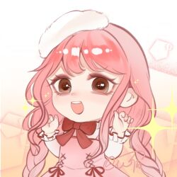  1girl aegyo_sal bishie_sparkle bloom_poetry_(shining_nikki) bow bowtie braid breasts brown_eyes chibi chinese_commentary collared_shirt commentary_request cowboy_shot cross-laced_clothes cross-laced_dress dress dress_ribbon eyelashes eyeshadow frilled_shirt_collar frilled_sleeves frills fur_hat gradient_background hands_up happy hat high_collar light_blush long_hair long_sidelocks long_sleeves looking_at_viewer low_twin_braids makeup mini_hat nikki_(nikki) nikki_(series) open_mouth pinafore_dress pink_dress pink_eyeshadow pink_hair red_bow red_bowtie red_ribbon ribbon shining_nikki shirt sidelocks signature sleeveless sleeveless_dress smile solo sparkle teeth twin_braids two-tone_background upper_teeth_only very_long_hair wavy_hair white_background white_hat white_shirt yellow_background yeziyu564 