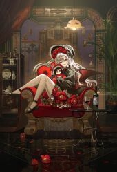  1girl absurdres bat_wings black_hair bottle camellia chair cup doll drinking_glass flower happy highres japanese_clothes kimono kuga_huna lace lace_pantyhose long_hair original pantyhose picture_frame plant plate potted_plant red_eyes red_flower red_kimono short_kimono teapot white_flower white_hair white_pantyhose wine_bottle wine_glass wings 