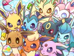  blue_background blue_eyes blush bottle bright_pupils brown_eyes chaimo_box closed_mouth commentary_request eevee espeon flareon food glaceon highres holding holding_bottle jolteon leafeon licking_lips no_humans open_mouth pokemon pokemon_(creature) red_eyes shaved_ice smile sylveon tongue tongue_out umbreon vaporeon violet_eyes white_pupils 