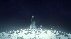  2boys absurdres back-to-back black_cloak cloak coat coattails commentary emil_(nier) falling_petals field flower flower_field from_side glowing_flower green_cloak grey_hair head_down highres holding holding_staff kneeling long_sleeves lunar_tear mage_staff male_focus multiple_boys nier nier_(series) night petals print_scarf purple_coat scarf shiyoi short_hair skeleton sky solo staff standing star_(sky) tailcoat torn_cloak torn_clothes white_flower white_petals 
