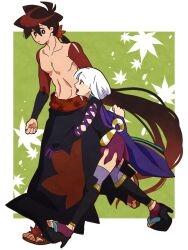  1boy 1girl arm_guards black_eyes black_hair black_hakama black_shirt border breasts bright_pupils closed_mouth commentary eye_contact feet floating_hair from_side gloves green_background hair_between_eyes hakama hakama_pants hakka_oishie height_difference high_heels highres japanese_clothes katanagatari leaf_print long_hair looking_at_another low_ponytail maple_leaf_print medium_breasts okobo open_mouth outside_border pants platform_sandals ponytail print_hakama purple_gloves purple_skirt purple_thighhighs red_eyes red_sash sandals sash shirt short_hair single_glove skirt thigh-highs toeless_legwear toes togame topless_male untranslatable_commentary very_long_hair walking white_border white_hair white_pupils yasuri_shichika 