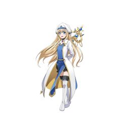  1girl :d arms_behind_back artist_request black_shorts blonde_hair blue_eyes blue_hat boots breasts floating_hair from_side full_body game_asset gem goblin_slayer! goblin_slayer:_the_endless_revenge gold_trim hair_between_eyes hand_on_own_arm hat highres holding holding_behind_back holding_staff holding_weapon_behind_back light_blush long_hair long_sleeves looking_at_viewer multicolored_hat official_art open_mouth priestess priestess_(goblin_slayer!) red_gem robe shakujou shorts simple_background small_breasts smile solo staff standing thigh_boots thighs third-party_source transparent_background two-sided_fabric two-sided_robe very_long_hair white_boots white_hat white_robe 