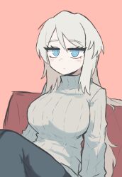  1girl alternate_hair_length_(longer) blue_eyes blue_pants blush breasts closed_mouth commentary english_commentary expressionless faust_(project_moon) grey_sweater highres huge_breasts limbus_company long_hair long_sleeves looking_at_viewer moona_izumi pants pink_background project_moon ribbed_sweater simple_background sitting solo sweater turtleneck turtleneck_sweater very_long_hair white_hair 