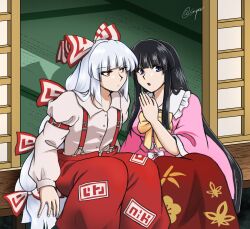  2girls bamboo_print black_hair blue_eyes bow bowtie collared_shirt commentary_request frilled_shirt_collar frills fujiwara_no_mokou grey_hair hair_bow highres houraisan_kaguya long_hair long_skirt long_sleeves multiple_girls multiple_hair_bows ofuda ofuda_on_clothes pants pink_shirt print_skirt red_eyes red_pants red_skirt shirt signature sitting skirt sniper16783072 suspenders tatami touhou very_long_hair white_shirt wide_sleeves yellow_bow yellow_bowtie 
