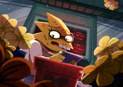  1girl absurdres alphys black-framed_eyewear buck_teeth clipboard closed_mouth commentary_request flower flower_pot flowery_(deltarune) furry furry_female glasses highres holding holding_clipboard indoors open_mouth plant potted_plant round_eyewear spoilers sweat teeth undertale upper_teeth_only utdr_(toby_fox) watawata22 