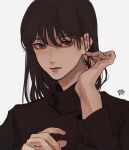  1boy androgynous bishounen black_hair black_shirt brown_eyes buttoned_cuffs closed_mouth hand_on_own_ear hand_up kagoya1219 long_hair long_sleeves looking_at_viewer male_focus original shirt signature simple_background solo upper_body white_background 