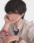  1boy bishounen black_hair black_necktie brown_eyes can closed_mouth collared_shirt fingernails hand_on_own_cheek hand_on_own_face hand_up head_rest highres holding holding_can kagoya1219 light_smile long_bangs loose_necktie male_focus necktie original shirt short_hair signature simple_background soda_can solo upper_body watch watch white_background white_shirt 