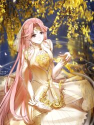  1girl absurdly_long_hair absurdres armlet bare_shoulders bead_armlet bead_bracelet beads bracelet branch brown_eyes chinese_commentary circle_skirt circlet closed_mouth commentary_request cowboy_shot dress earrings eyelashes eyes_visible_through_hair falling_petals feather-trimmed_gloves flower gloves gold_circlet golden_buds_(infinity_nikki) hair_ribbon haiyang_liuhuo heart heart_print highres holding holding_instrument infinity_nikki instrument jewelry lipstick long_hair looking_ahead lyre makeup night nikki_(nikki) nikki_(series) on_water outdoors parted_bangs petals pink_hair pink_lips pleated_dress print_dress reflection reflective_liquid ribbon ripples simple_flower sitting sitting_on_water sleeveless sleeveless_dress smile solo sun_print turtleneck turtleneck_dress very_long_hair white_dress white_gloves white_ribbon yellow_flower 