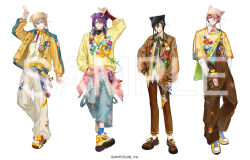  4boys animal_hat arm_up bag black_hair black_hat black_shirt blonde_hair blue_eyes blue_necktie blue_socks brown_jacket brown_pants brown_shoes collared_shirt commentary company_name copyright_notice dekooop denim ear_piercing full_body fura_kanato glasses green_bag grin hair_ornament hair_over_one_eye hairclip hand_on_headwear hand_on_own_hip hands_in_pockets hat headphones headphones_around_neck jacket jeans long_sleeves looking_at_viewer male_focus multicolored_hair multiple_boys necktie nijisanji official_alternate_costume official_art one_eye_closed open_clothes open_jacket pants piercing plaid_clothes plaid_jacket print_jacket print_pants purple_hair purple_hat red_hair sample_watermark seraph_dazzlegarden shikinagi_akira shirt shoes short_hair shoulder_bag simple_background sleeves_past_wrists smile socks standing sweater torn_clothes torn_jeans torn_pants v violet_eyes virtual_youtuber voltaction watarai_hibari watermark white_background white_shirt yellow_hat yellow_jacket yellow_shirt yellow_shoes yellow_sweater yoga_pants 