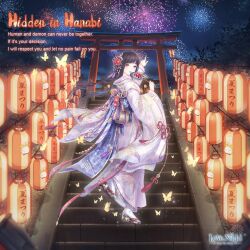  1girl aerial_fireworks architecture artist_request back_bow back_ribbon beads blue_bow blue_sash blue_sky bow brown_hair brown_sandals bug building bush butterfly camellia character_name clouds copyright_logo dot_nose east_asian_architecture english_text expressionless fireworks fireworks_print floating_hair floral_print flower flower_knot full_body hair_beads hair_flower hair_ornament hand_fan happy hidden_in_hanabi_(miracle_nikki) holding holding_fan japanese_clothes kimono lantern large_bow leg_up light_blush light_particles lipstick logo long_sleeves looking_at_viewer looking_back makeup miracle_nikki momo_(nikki) night nikki_(series) obi official_art outdoors paper_lantern parted_lips pointing pointing_forward print_bow print_kimono print_sandals purple_kimono red_flower red_lips red_ribbon ribbon sandals sash sky sleeve_ribbon socks solo stairs standing tabi tassel tassel_hair_ornament third-party_source torii tuanshan violet_eyes walid_zouirech white_socks wide_sleeves wind yellow_butterfly yellow_ribbon yukata 