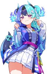  1girl :3 absurdres achichi_mela aqua_hair black_horns black_streaks blue_camisole blue_hair blue_happi braid breasts camisole closed_mouth commentary_request cowboy_shot criss-cross_halter deaver double-parted_bangs dragon_horns fire_hair_ornament flame_print flipped_hair gradient_horns hair_ornament hairclip halterneck happi highres hololive horns japanese_clothes lizard_tail long_hair looking_at_viewer miniskirt multi-strapped_camisole multicolored_hair multicolored_horns pink_eyes pleated_skirt pointy_ears side_braids simple_background skirt small_breasts smile solo split-color_hair streaked_hair tail tail_under_clothes tassel tassel_hair_ornament two_side_up virtual_youtuber white_background white_skirt 