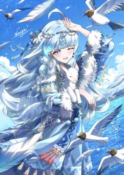  1girl absurdres ahoge alternate_costume alternate_hairstyle baby_animal bird blue_dress blue_eyes blue_hair blue_sky blue_theme blush braid cheesy_salted_duck chinese_commentary clouds commentary_request dress fur_trim genshin_impact hair_ornament highres jewelry kamisato_ayaka lamb long_hair low-tied_sidelocks ocean one_eye_closed open_mouth outdoors seagull sheep sidelocks sky smile solo tassel tibetan_clothes 