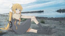  1girl air_(visual_novel) black_dress black_socks blonde_hair blue_eyes blue_sky clouds commentary day dress from_side full_body hair_between_eyes hair_ribbon hand_on_own_knee highres k4lmy kamio_misuzu knee_up kneehighs long_hair looking_at_viewer no_shoes ocean outdoors outstretched_arms parted_lips pinafore_dress ponytail puffy_short_sleeves puffy_sleeves ribbon school_uniform shirt shore short_sleeves sidelocks sitting sky sleeveless sleeveless_dress socks solo straight_hair very_long_hair white_ribbon yellow_shirt 