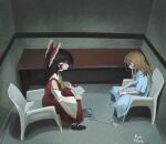  2girls absurdres ankle_cuffs bare_shoulders blonde_hair blue_dress bow braid brown_hair closed_eyes closed_mouth detached_sleeves dress english_commentary from_above from_side full_body hair_bow hair_ribbon hair_tubes hakurei_reimu highres holding holding_paper indoors interrogation kirisame_marisa long_hair long_sleeves looking_at_another meme monobloc_(chair) multiple_girls nikolas_cruz_interrogation_(meme) no_headwear nyztsune paper profile red_dress red_skirt red_vest ribbon sarashi sitting skirt skirt_set touhou tress_ribbon vest wide_sleeves ze_(phrase) 