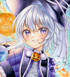  1girl alternate_costume alternate_headwear black_gloves black_hat blush commentary_request fingerless_gloves flask gloves grey_hair grin halloween_costume hat highres holding holding_flask jack-o'-lantern long_hair looking_at_viewer mononobe_no_futo nekofish666 ponytail round-bottom_flask smile solo touhou traditional_media twitter_username violet_eyes watermark witch_hat 