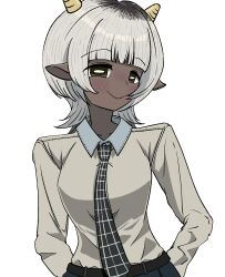  1girl absurdres animal_ears belt black_belt black_pants blush borrowed_character brown_eyes closed_mouth collared_shirt commentary_request dark-skinned_female dark_skin goat_ears goat_girl goat_horns grey_hair highres horns medium_hair meisoochuu necktie original pants shirt simple_background smile solo upper_body white_background 