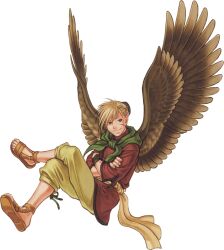  1boy bun_cover closed_mouth crossed_arms crossed_legs fire_emblem fire_emblem:_radiant_dawn full_body highres janaff_(fire_emblem) kita_senri male_focus official_art sandals scar scar_on_face simple_background solo third-party_source transparent_background wings 