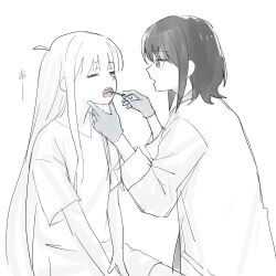  2girls ahoge cho_kaguya-hime! dentist gloves ini_yoy kaguya_(cho_kaguya-hime!) logo medium_hair mole mole_under_eye multiple_girls open_mouth sakayori_iroha short_sleeves sidelocks simple_background sketch white_background 