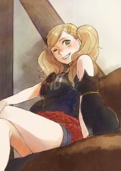  1girl bare_legs black_cat black_tank_top blonde_hair breasts cat chanosuke clothes_around_waist couch crossed_legs denim denim_shorts eyewear_hang green_eyes grin hair_ornament hairclip indoors medium_breasts morgana_(cat)_(persona_5) morgana_(persona_5) on_couch one_eye_closed persona persona_5 short_shorts shorts sitting smile sunglasses takamaki_ann tank_top twintails unworn_eyewear 